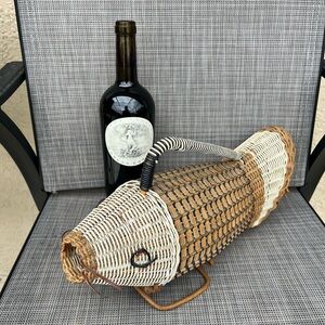 Vtg Fish-Shaped Wicker Woven Wine Carrier Holder Basket